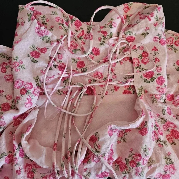 Zara Bloggers Favorite Pink Floral Lace Up Cutout Strappy Linen Blend Mini Dress - Picture 10 of 15